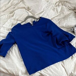 Green Envelope Asymmetrical Blue Blouse with Three-Quarter Sleeves